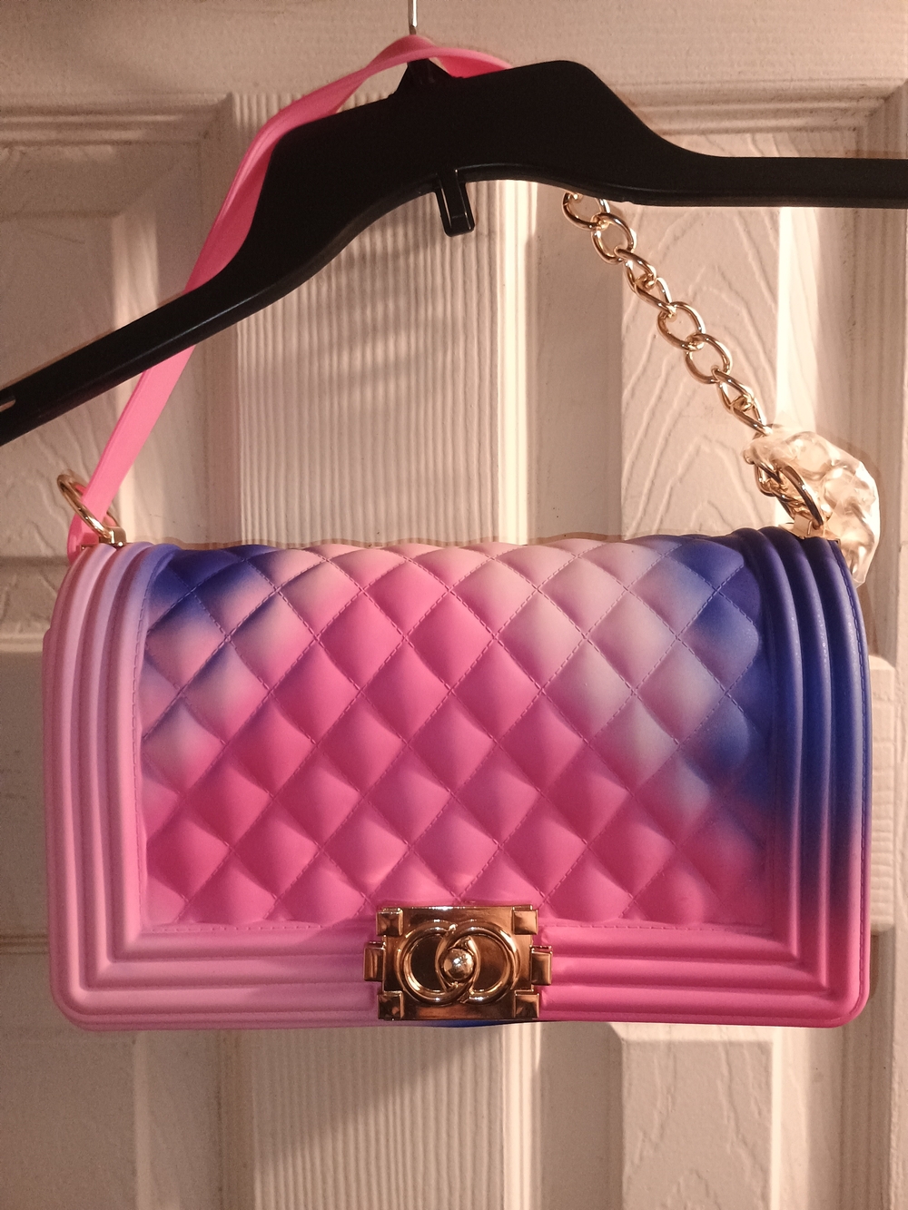 Pink Gradient Quilted Shoulder Bag with Gold Chain